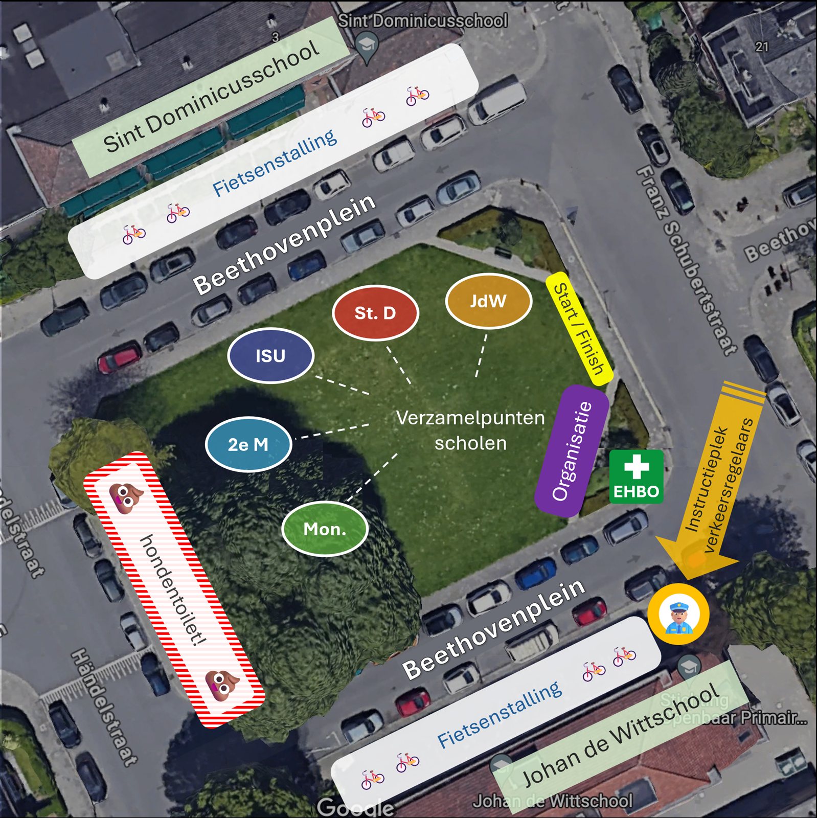 Plattegrond Beethovenplein met de verzamelpunten van de vijf scholen (2e Marnix, ISU, St. Dominicus, Johan de Witt, Montessori), de start/finish, EHBO-post, organisatie-stand, fietsenstallingen en de instructieplek voor verkeersregelaars.